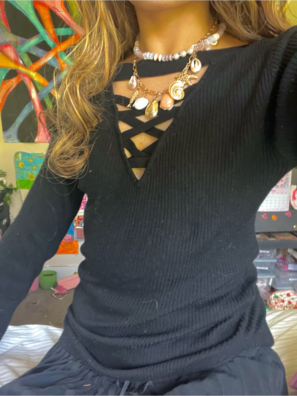 Black Ribbed V-Neck Crisscross Sweater